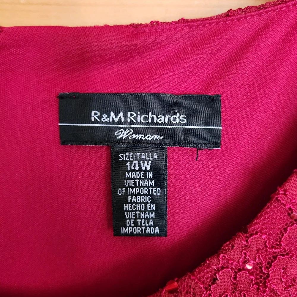 R & M Richards Dress Red‎ Lace & Sequin Overlay Chiffon Sheer Cocktail Petite 14